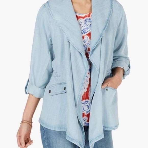 Style & Co Chambray Open Front Jacket Lightweight Blue Casual Spring Boho SZ XL - Picture 1 of 11